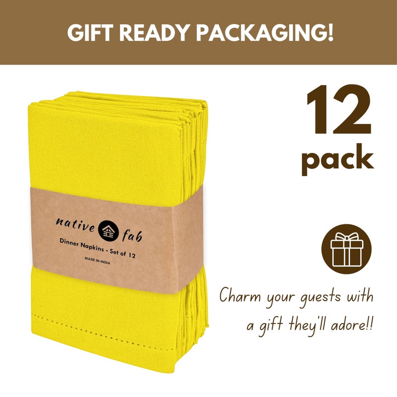 Native Fab Yellow Cloth Napkins, 100% Cotton, Set of 12, Hemstitch Corners, 18x18 inch, Soft, Durable, Reusable, Premium Hotel Quality - Events, Wedding, Table, Dinner Napkins - Lemon Yellow - Image 3